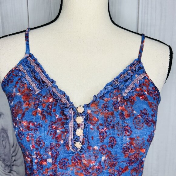 Free People Babydoll Peplum Tank Top Sz XS Blue Floral Bohemian Cottage - Picture 2 of 11